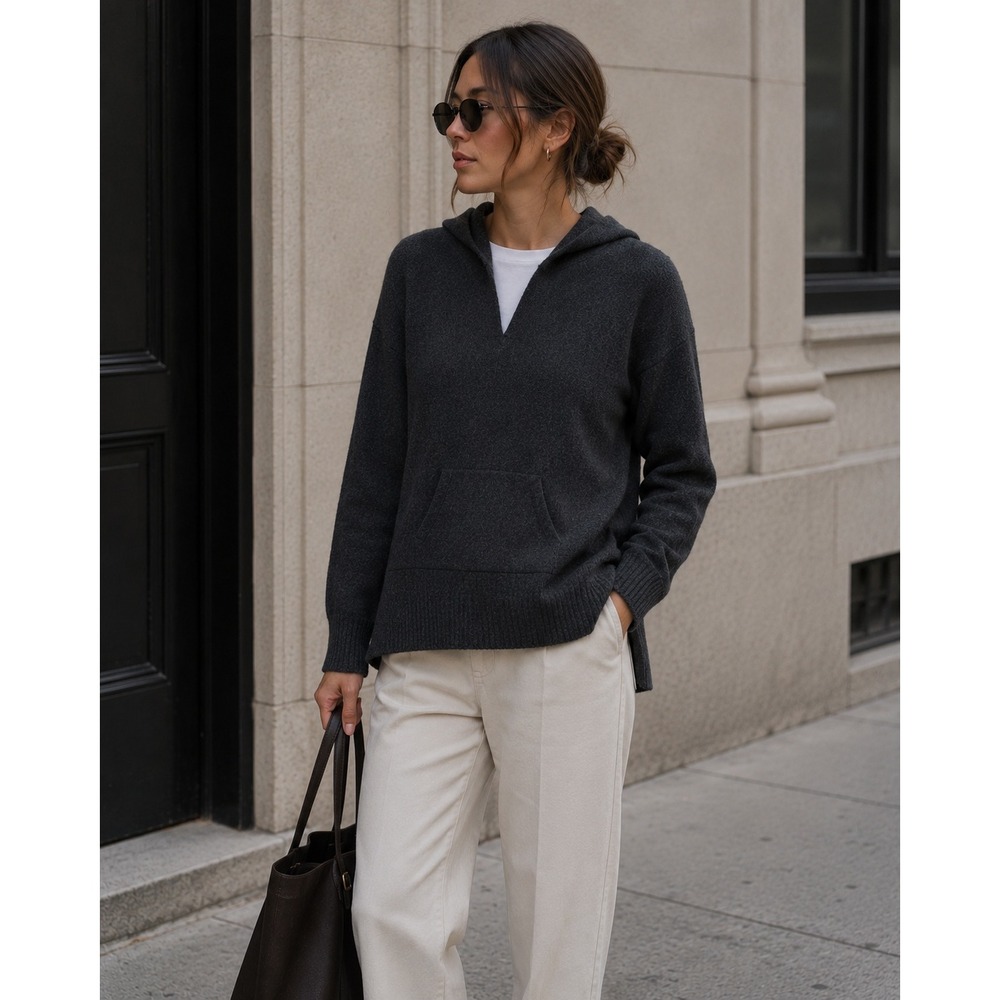 LUSSO V-Neck Cashmere Hoodie Pullover High-Low Charcoal Gray Small